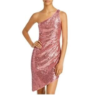 AQUA Pink Cocktail Dress Sequin One Shoulder Sparkly Mini Sheath Size Medium